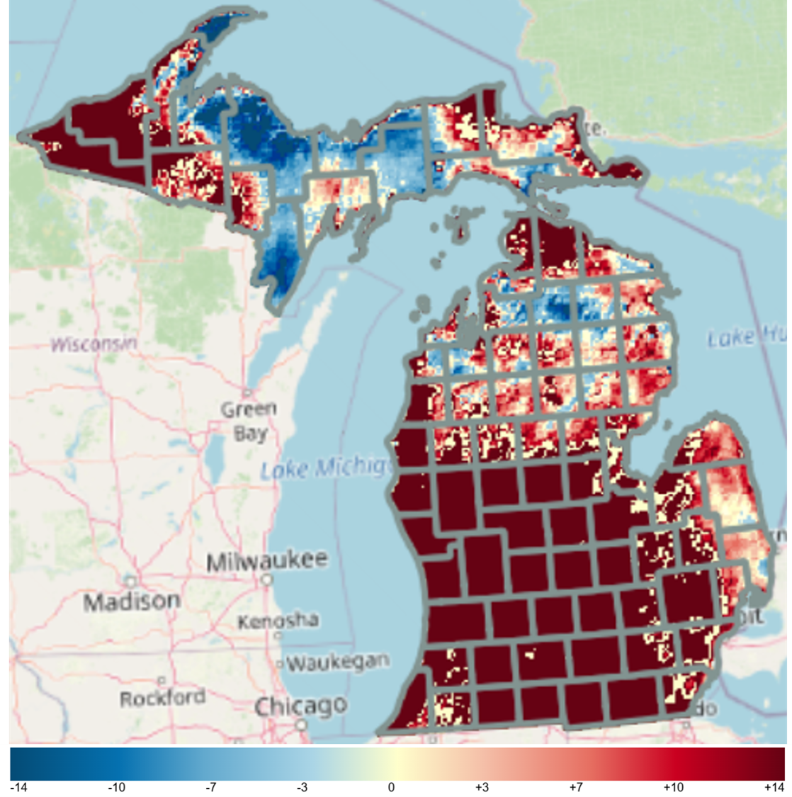 A map of Michigan showing heat accumulation from March to September 2025, with red areas indicating higher-than-normal temperatures and blue areas showing cooler-than-normal regions, mostly in the Upper Peninsula.